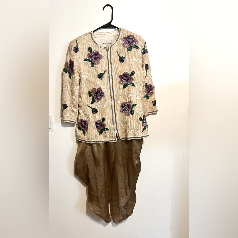 Floral Embroidered Jacket and gold tulip pants